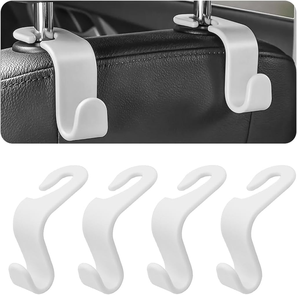 White Car Seat Headrest Hook Set, 4-Pack