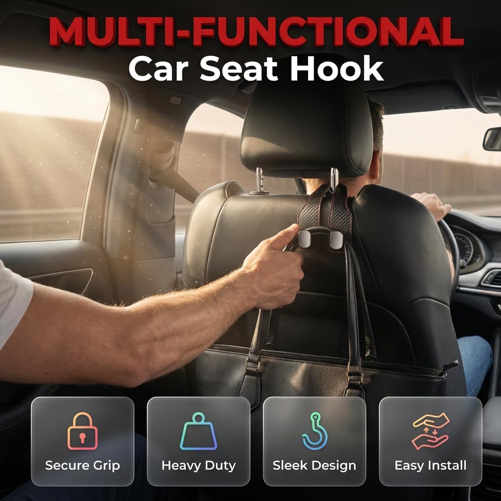 Double Hook Car Seat Organiser Set, Black, 2-Pack - Image 2