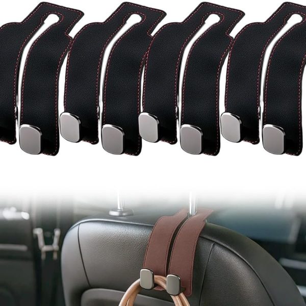 Leather Car Headrest Double Hook Set, Black, 4-Pack