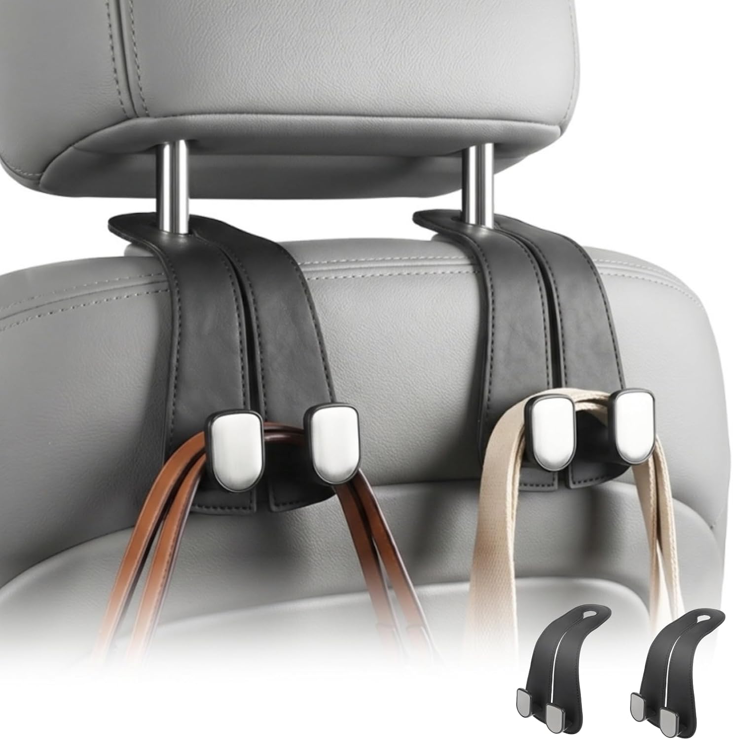 Black Leather Car Headrest Hook Set, 2-Pack