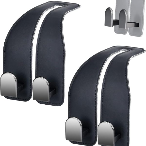 Wide-Profile Leather Car Seat-Back Hook Set, Black, 2-Pack
