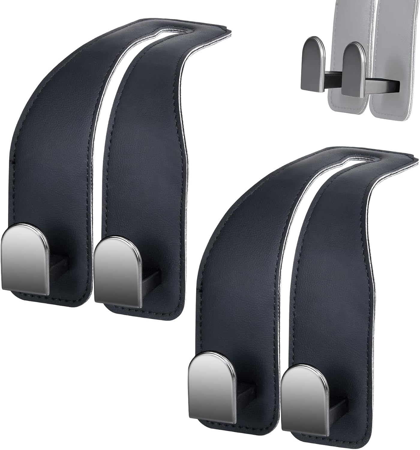 Wide-Profile Leather Car Seat-Back Hook Set, Black, 2-Pack