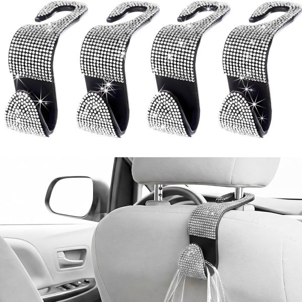 Rhinestone Car Seat Headrest Hook Set, Silver, 4-Pack
