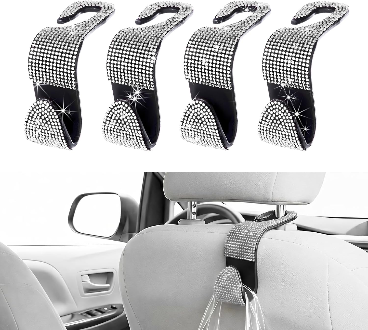 Rhinestone Car Seat Headrest Hook Set, Silver, 4-Pack