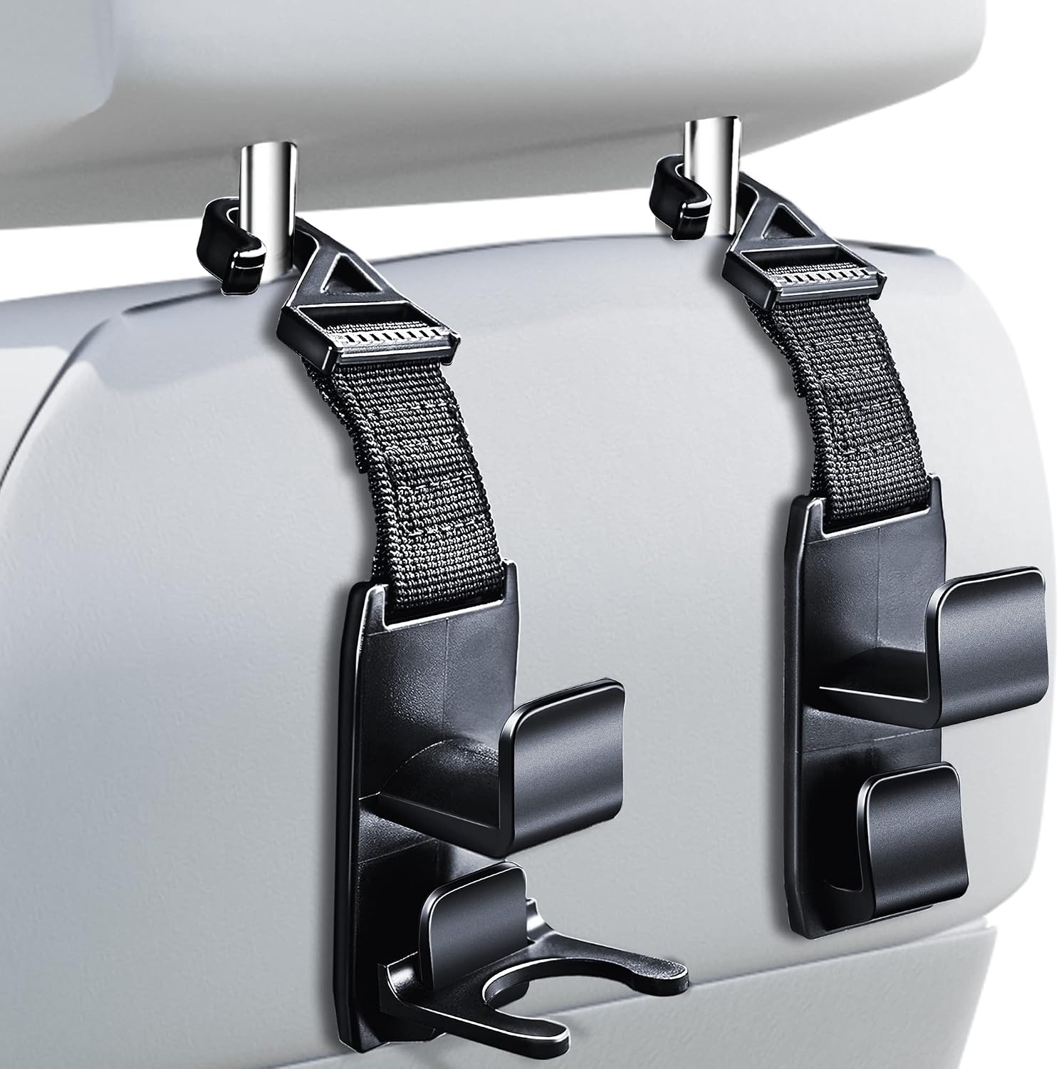 Over-Seat Car Headrest Hook Set, Black, 4-Pack