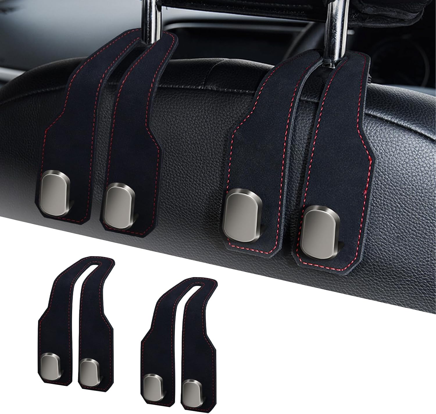 Black Leather Car Seat Headrest Hook Set, 2-Pack