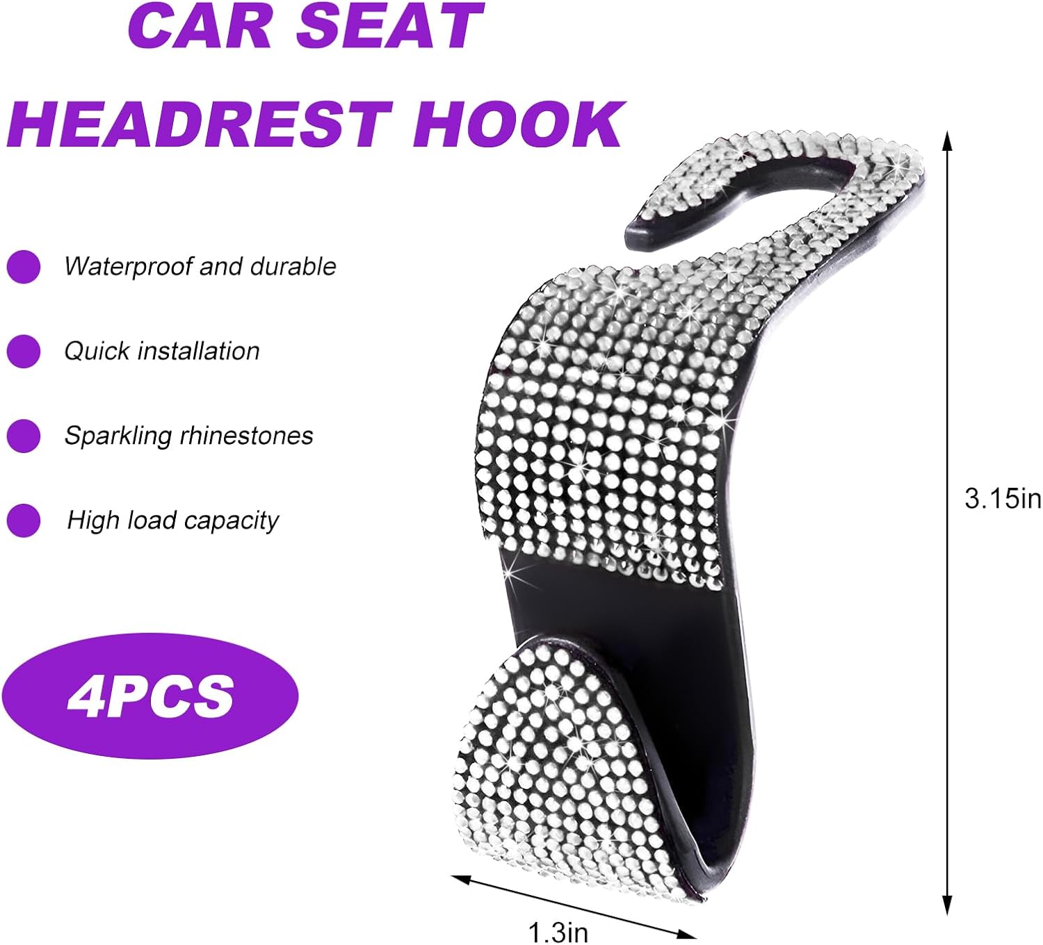 Rhinestone Car Seat Headrest Hook Set, Silver, 4-Pack - Image 2