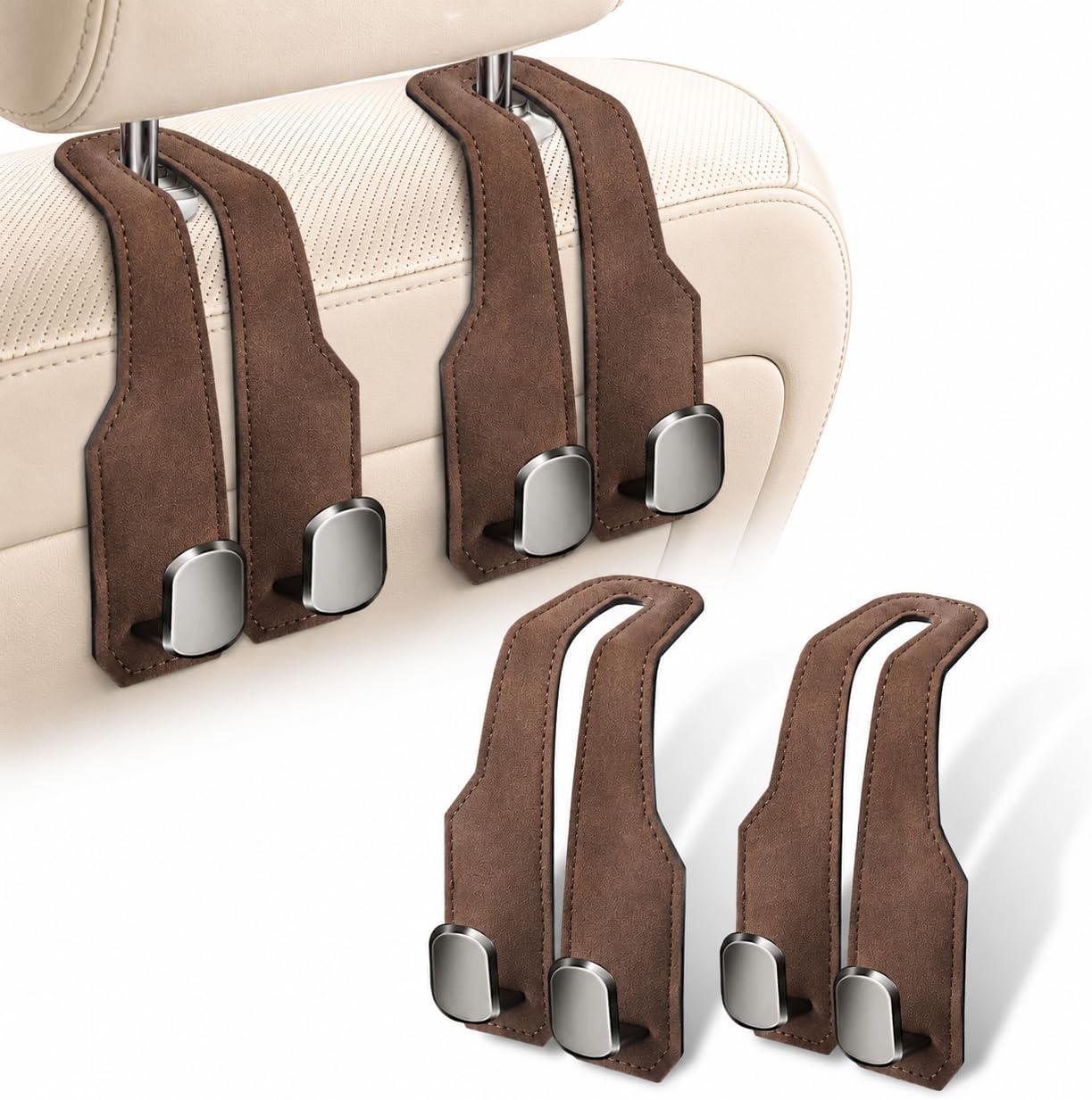 Brown Dual Metal Car Headrest Hook Set, 2-Pack