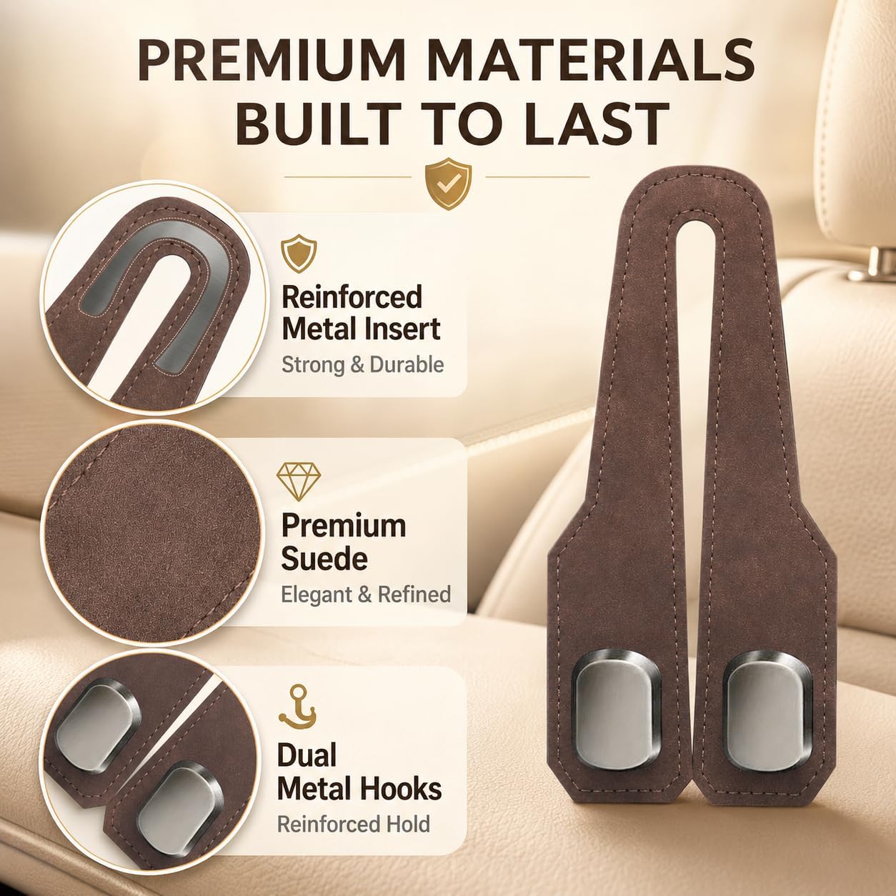 Brown Dual Metal Car Headrest Hook Set, 2-Pack - Image 2