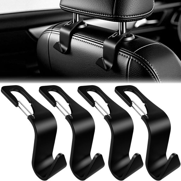 Black Car Headrest Hook Set for Bags, 4-Pack