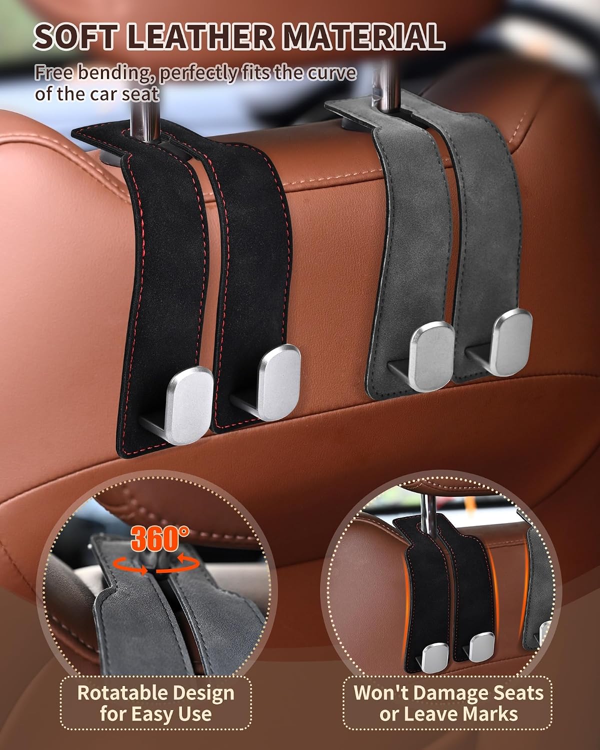 Grey Double Hook Seat-Back Storage Set, 4-Pack - Image 2
