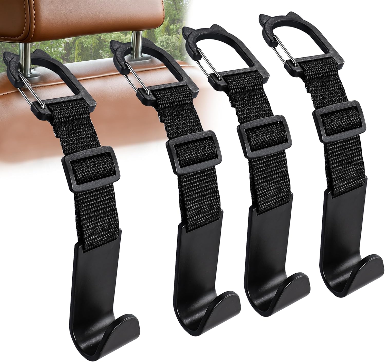 Car Headrest Hook Set for Seat-Back Hanging, 4-Pack