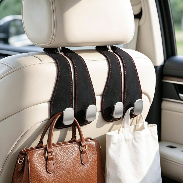 Leather-Wrapped Alloy Double Headrest Hook Set, Black, 2-Pack