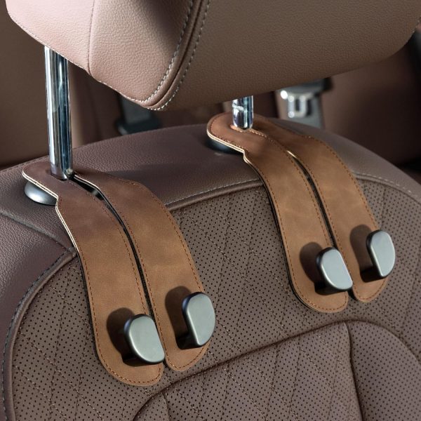 Brown Stitched Leather Alloy Seat-Back Hook Set, 2-Pack